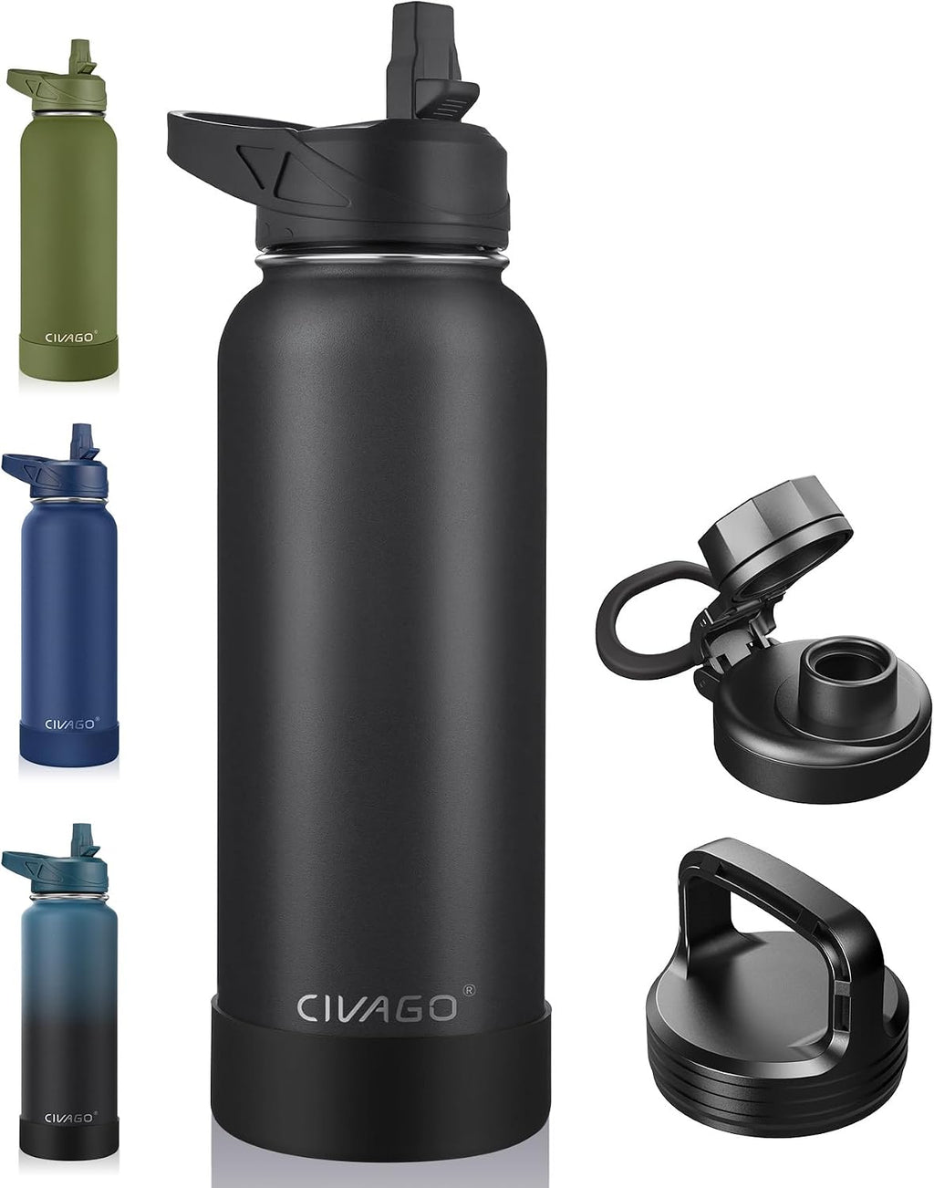 40 oz Insulated Stainless Steel Water Bottle With Straw and 3 Lids | Large Metal Sports Water Jug, Leakproof Reusable