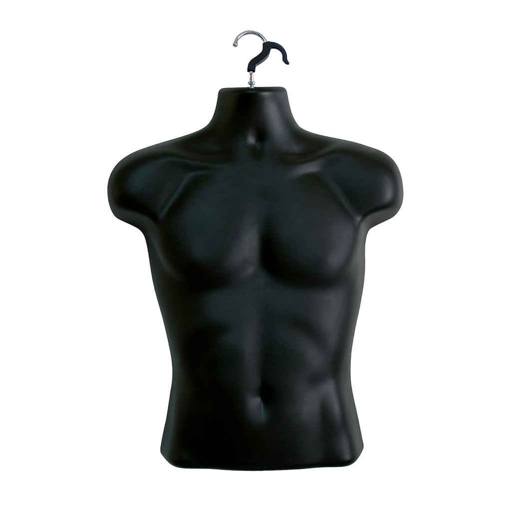 Male Mannequin Torso with Metal Stand, Black (Set of 2) | Hollow back body stackable dress form for t-shirt display