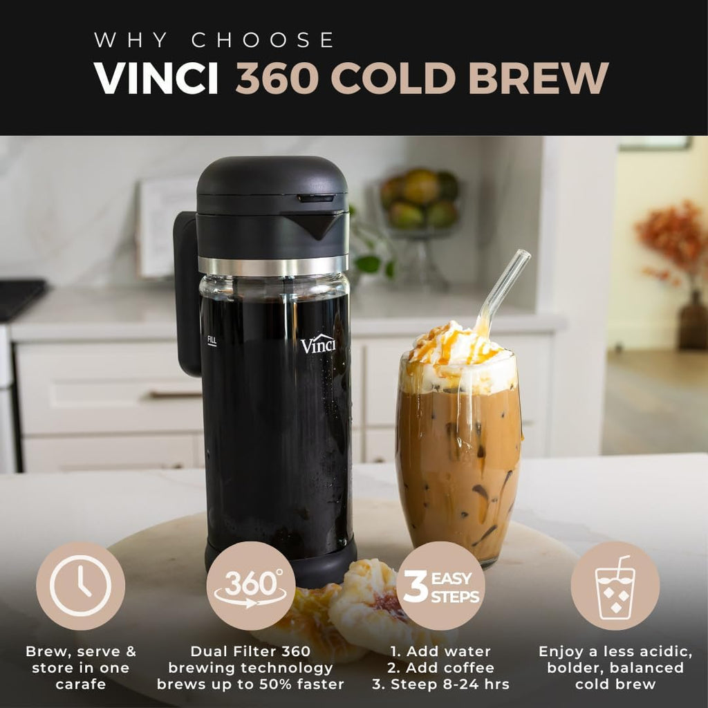 Cold Brew 360 Dual-Filter Iced Coffee Maker, 47 oz Glass Pitcher | Manual No Power Brewing, Up to 50% Faster, 6–12