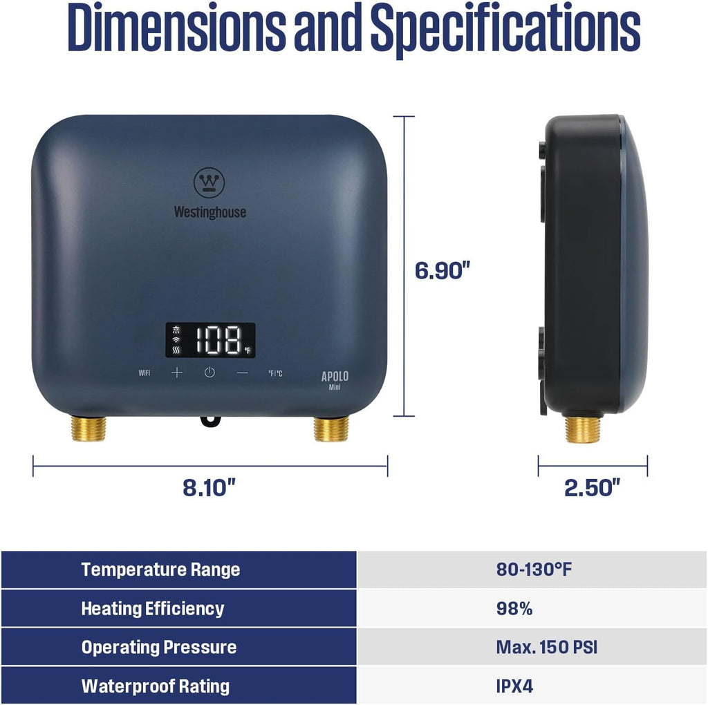 8kW Tankless Water Heater Electric, Low Watt 240V, Smart WiFi | Instant Hot Water Heater, Under Sink Water Heater