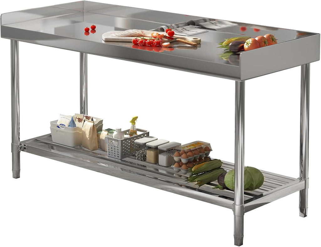 Heavy Duty Stainless Steel Office Work Table with Three-Sided Backsplash – Adjustable Undershelf, Commercial Prep