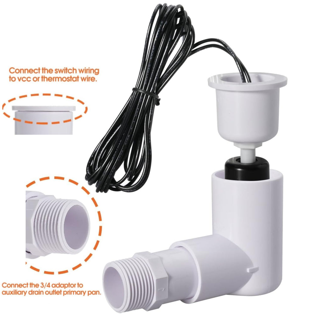 SS2 Float Switch L-Shape with 3/4 Inch Adaptor and 6Ft Wire Water Float Switch for HVAC Drain Pan Condensate Outlet(2pcs)