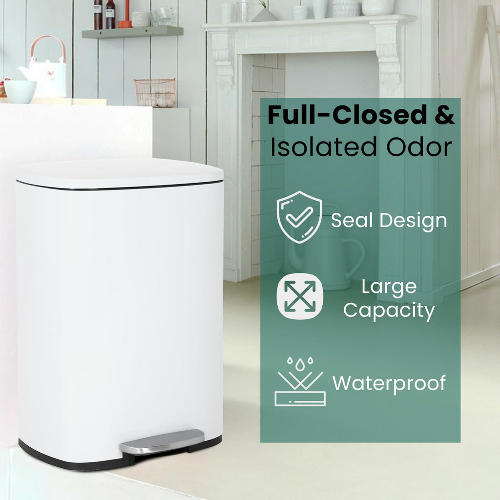 Kitchen Trash Can 13 Gallon Stainless Steel White Trash Can | 50L Kitchen Garbage Can with Removable Inner Bucket and
