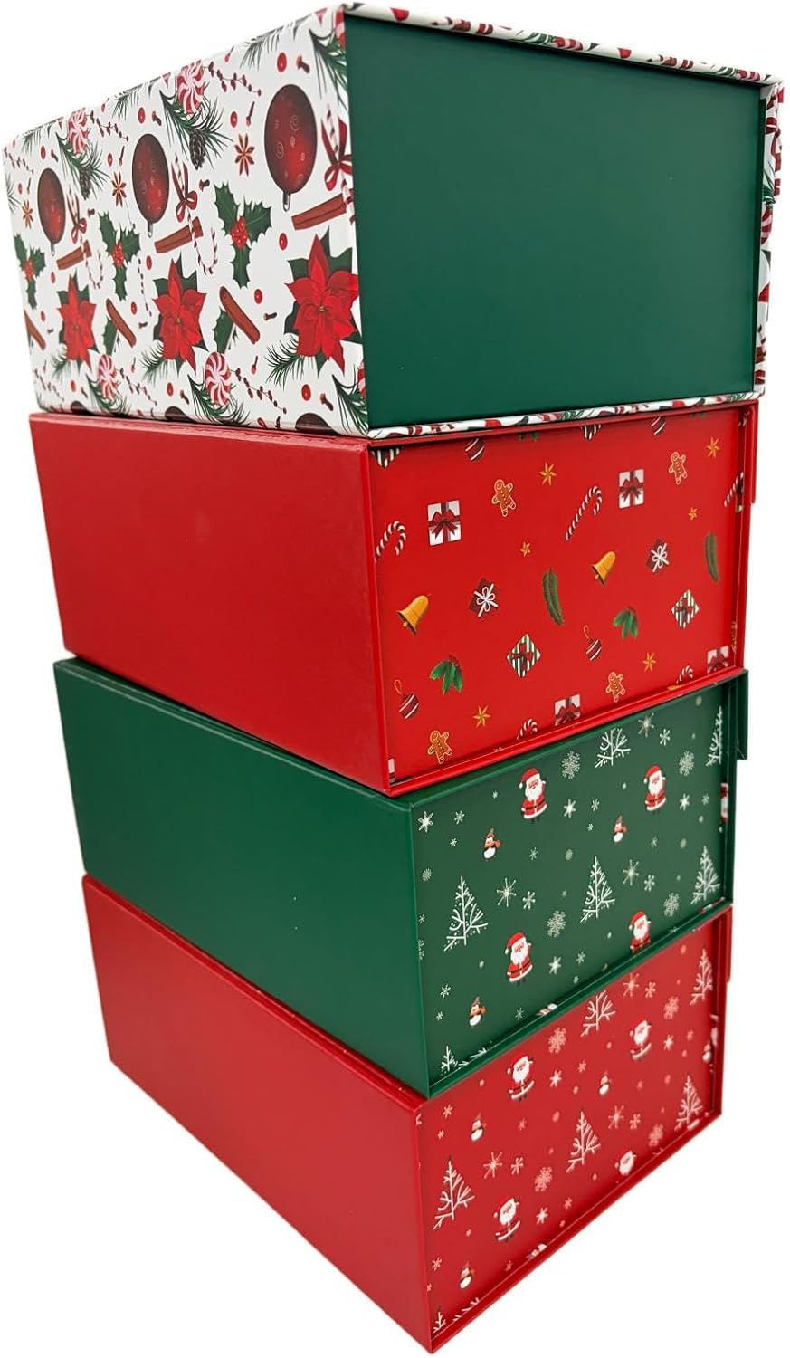 4Pack Christmas Magnetic Gift Boxes, Assorted 4 Different Xmas Designs Foldable Gift Boxes with Ribbons & Christmas
