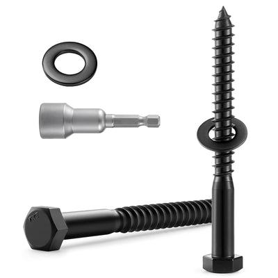 6 Sets 3/8" x 4" Hex Head Lag Screws Bolts with Flat Washers 304 Stainless Steel 18-8 Black Zinc Plated Heavy Duty