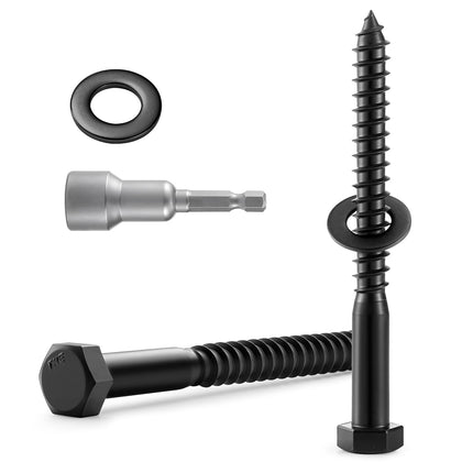 6 Sets 3/8" x 4" Hex Head Lag Screws Bolts with Flat Washers 304 Stainless Steel 18-8 Black Zinc Plated Heavy Duty