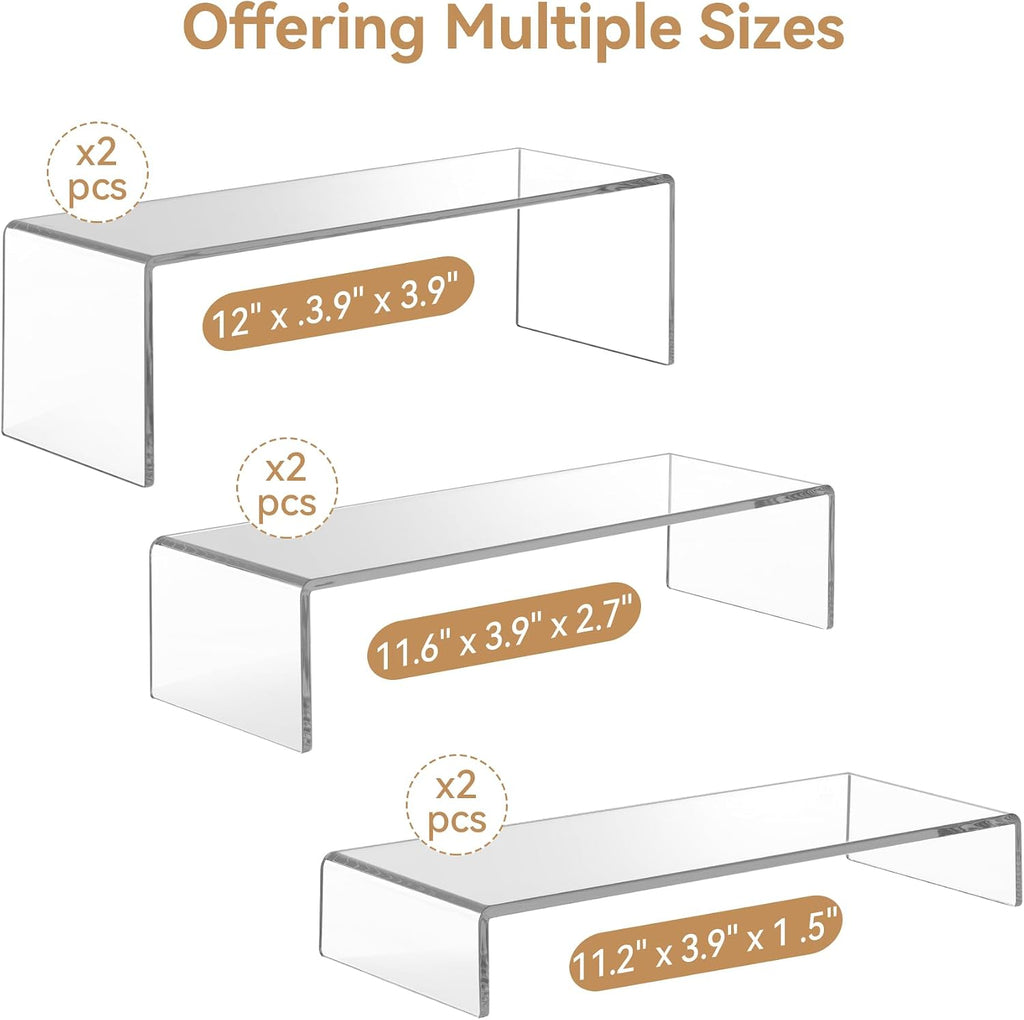 Large Acrylic Display Risers, 2 Sets(11.2”L~11.6”L~12”L) Clear Rectangular Showcase Collectibles Display Shelf