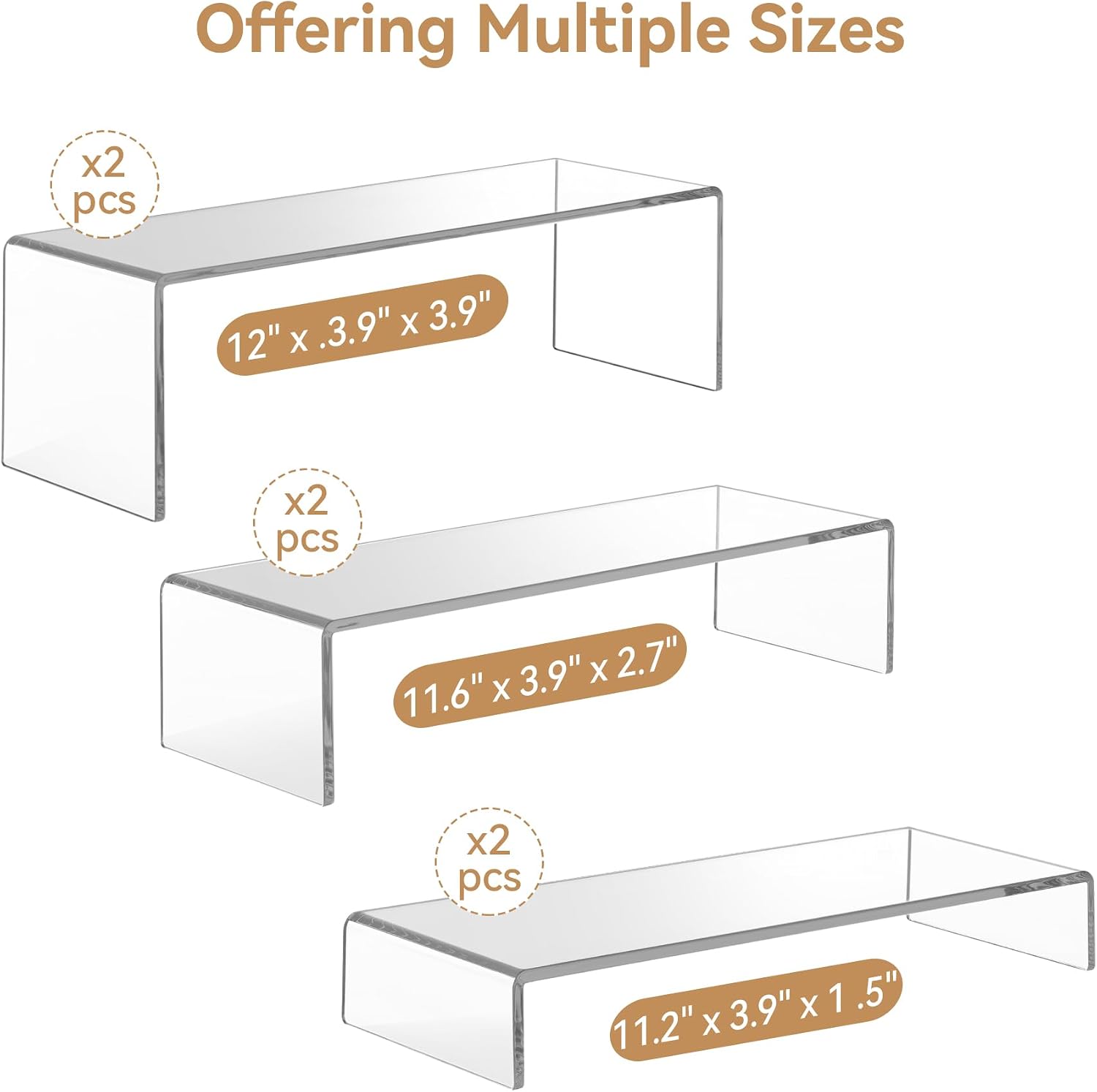 Large Acrylic Display Risers, 2 Sets(11.2”L~11.6”L~12”L) Clear Rectangular Showcase Collectibles Display Shelf