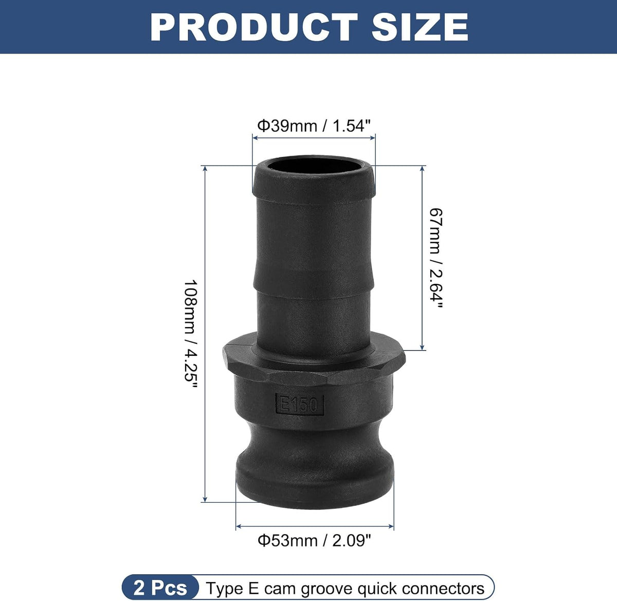 2Pcs Type E 1-1/2" x 1-1/2"Cam Lock Hose Fitting W/ 1.54" Hose Shank