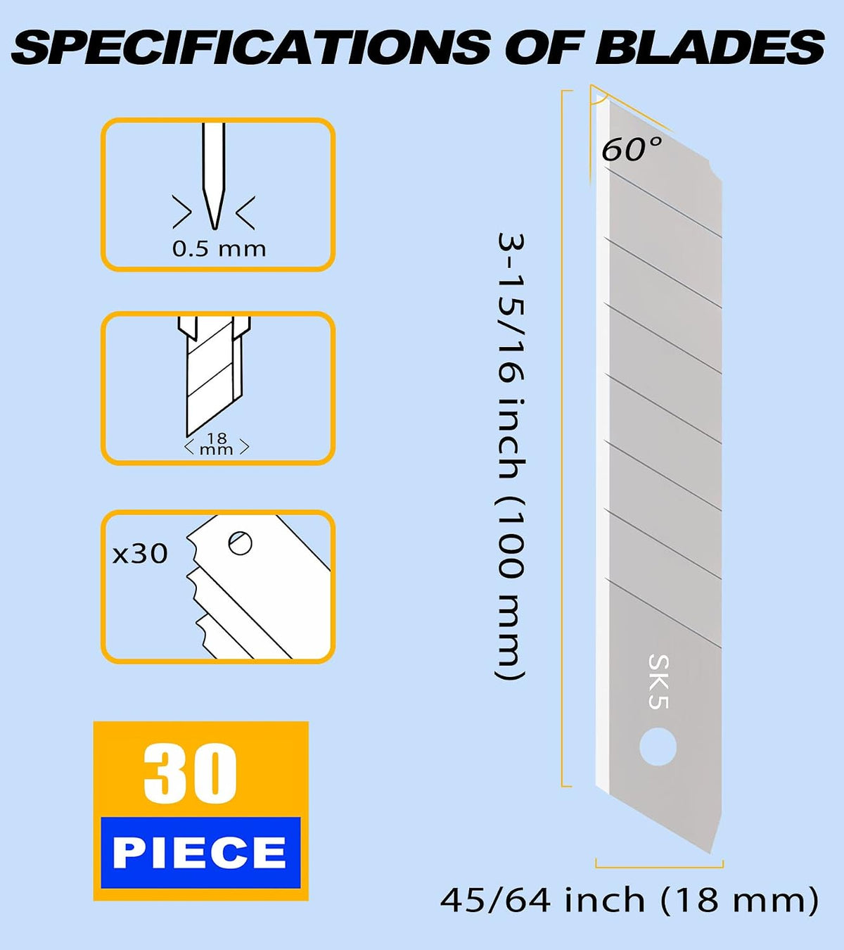 18mm Snap Off Blade SK5, Box Cutter Blades, 30 Pcs