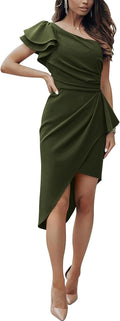 One Shoulder Cocktail Dresses for Women 2026 Elegant Summer Ruffle Sleeve Wrap Ruched Formal Wedding Guest Dress