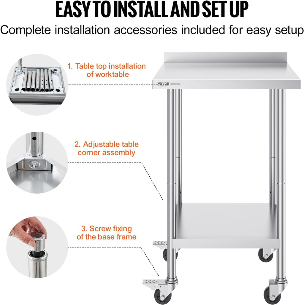 24 x 24 x 40 Inch Stainless Steel Work Table, Commercial Food Prep Worktable with Casters, Heavy Duty Prep Worktable
