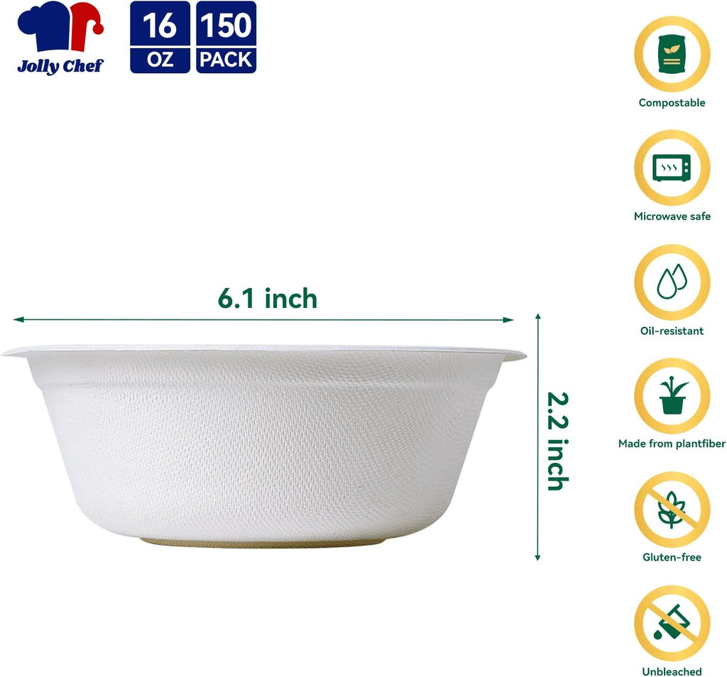 Compostable Disposable Paper Bowl 16 oz Heavy Duty Soup Containers 150 Pack