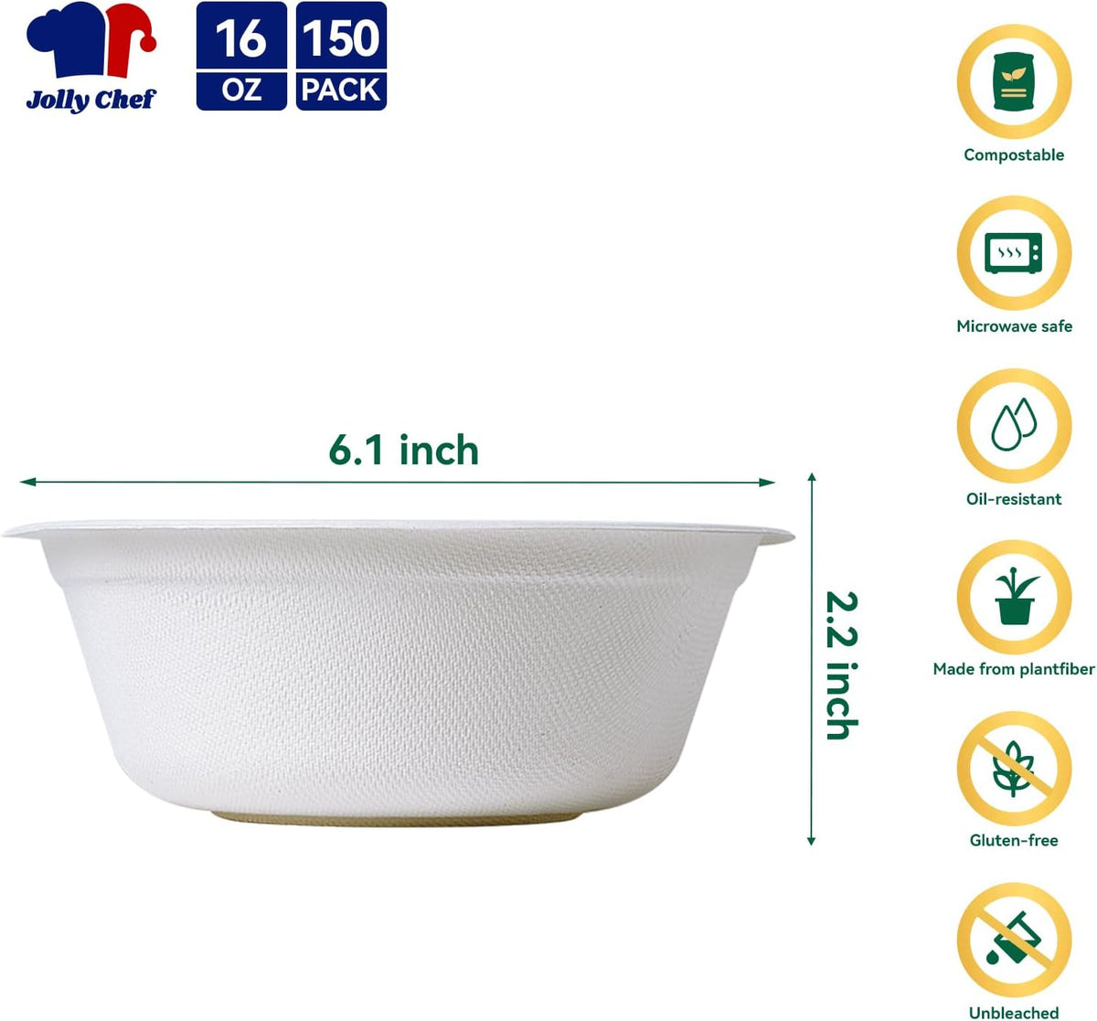 Compostable Disposable Paper Bowl 16 oz Heavy Duty Soup Containers 150 Pack