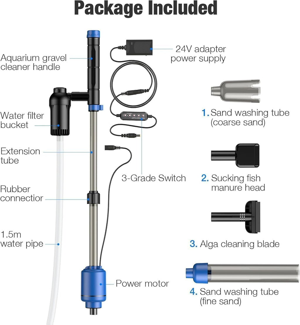 Aquarium Vacuum Gravel Cleaner, 24W Electric Fish Tank Cleaner Vacuum, 6 in 1 Multifunctional Aquarium Cleaner for