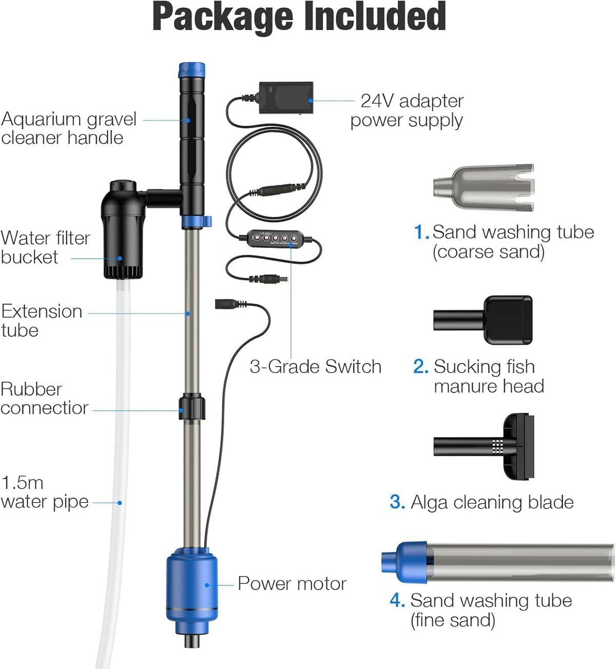Aquarium Vacuum Gravel Cleaner, 24W Electric Fish Tank Cleaner Vacuum, 6 in 1 Multifunctional Aquarium Cleaner for