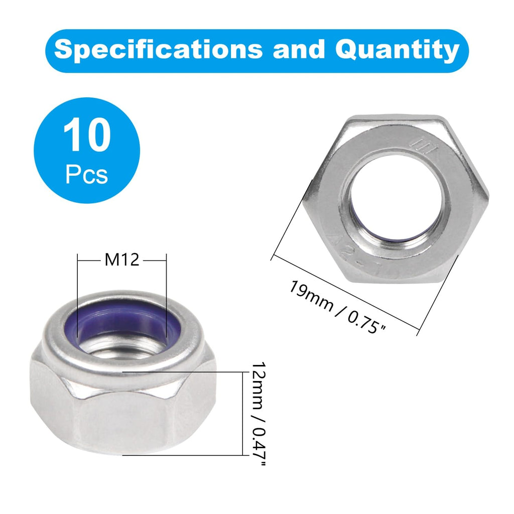 10PCS M12 Locknuts M12x1.75mm Nylon Insert Hex Lock Nuts