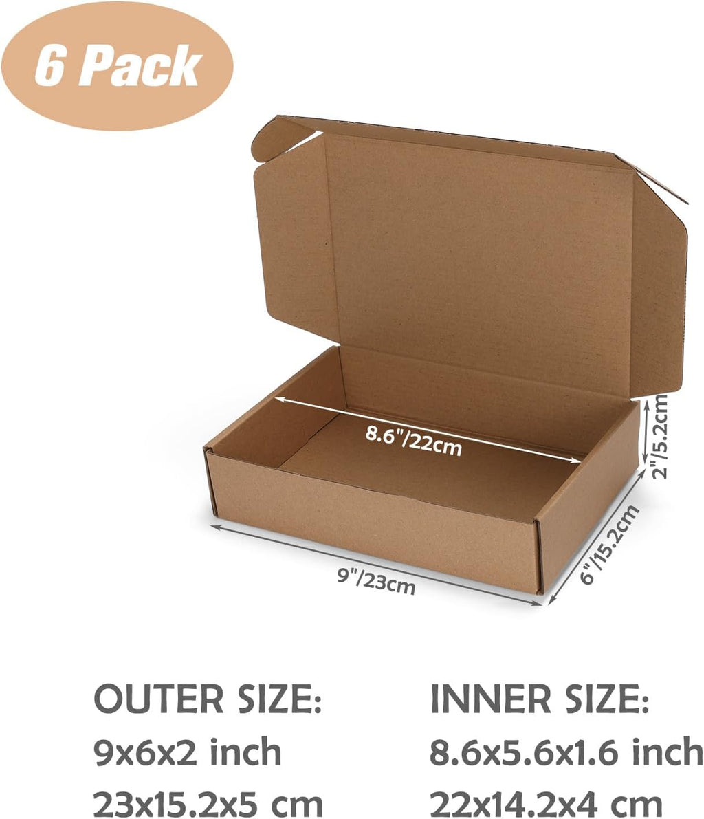 9x6x2 inch Small Shipping Boxes, Set of 6 Mailing Boxes, Brown