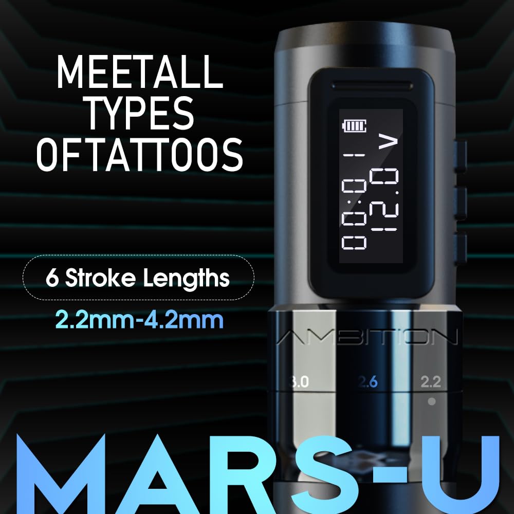 Tattoo Kit - Ambition Mars-U Wireless Tattoo Machine Kit with Adjustable Stroke 1800mAh Power Tattoo Gun Kit with