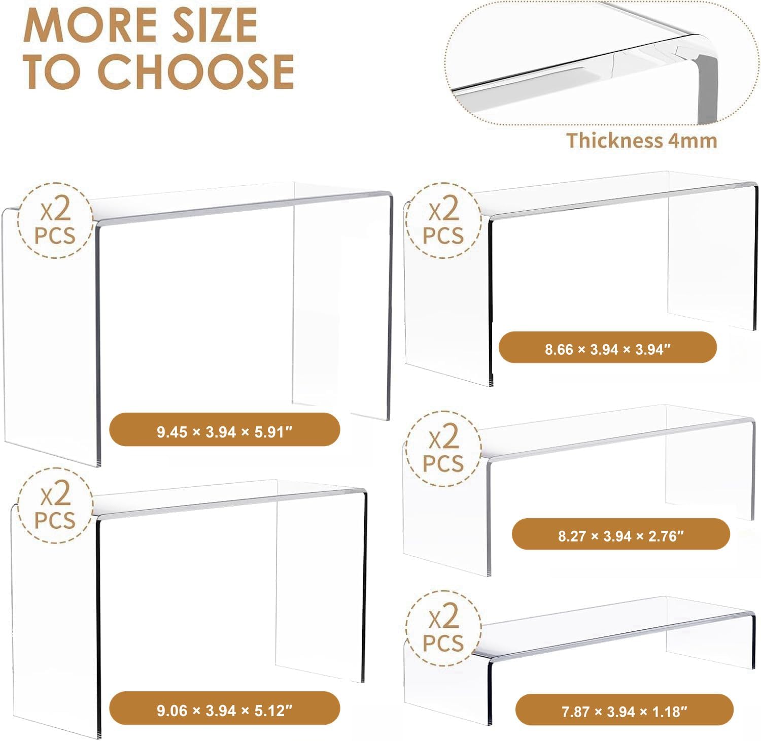 10 Pieces 2 Set (7”L~8”L~9”L) Large Display Risers, 4" Wide Clear Rectangular Stand Shelf for Showcase Collectibles