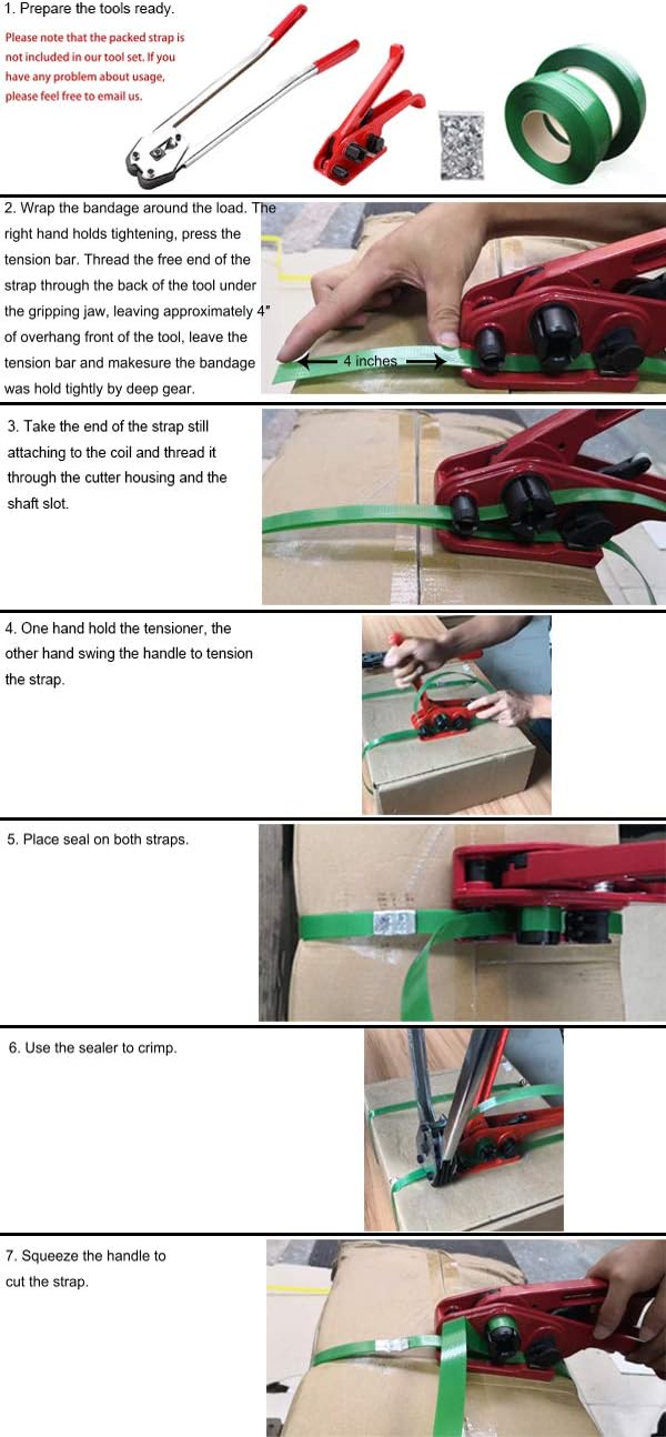 Binding Tool Kit for Strapping with 200 Strapping Seals | Poly Strapping Tensioner Cutter & Sealer Manual Banding