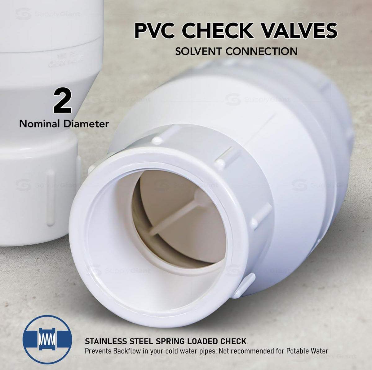 MIDLINE VALVE PVC Inline Check Valve for Backflow Prevention 2'' Solvent Connections White Plastic