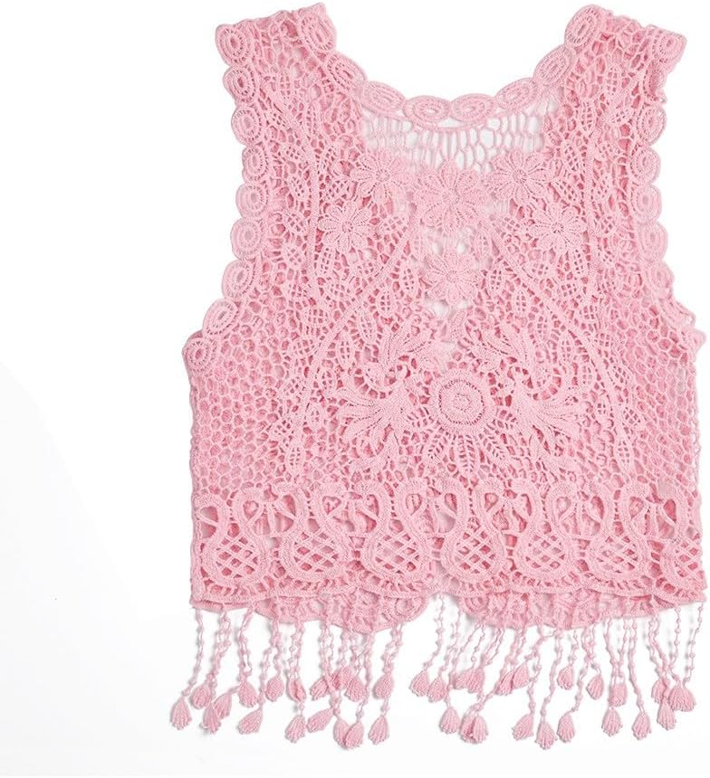 Girls Crochet Vest Cardigan with Fringe V-Neck Sleeveless Boho Vest Hollow Out Cardigan