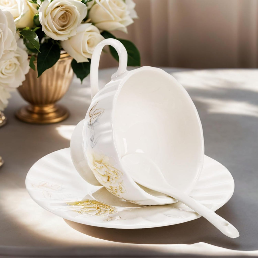 Tea Cups and Saucers Set of 6, 7 Oz, Microwave Safe