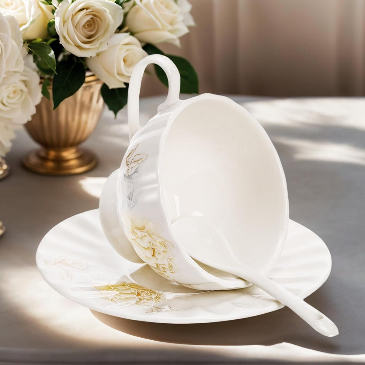 Tea Cups and Saucers Set of 6, 7 Oz, Microwave Safe