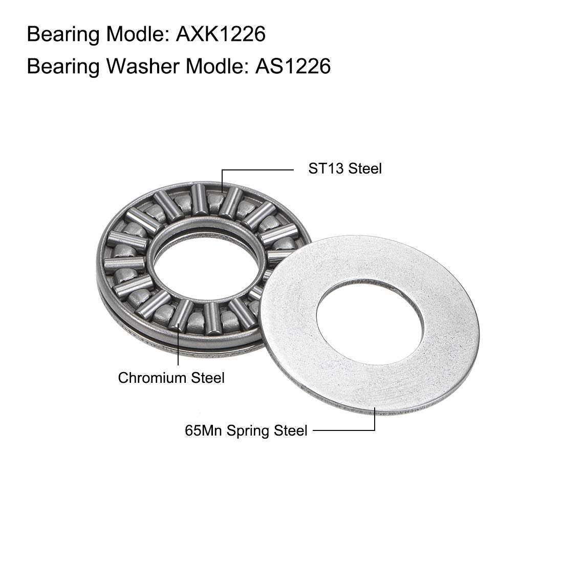 uxcell AXK1226 Thrust Needle Roller Bearings with Washers 12mm Bore 26mm OD 2mm Width 10pcs