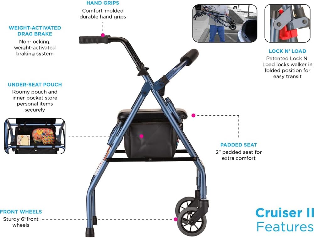 Cruiser 2 Lightweight Rollator Walker for Beginning Gait Training, 11 lb Foldable Rolling Walker with Seat, Stable