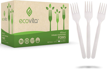 100% Compostable Forks - 500 Large Disposable Utensils (7 in.) Bulk Size Eco Friendly Durable and Heat Resistant