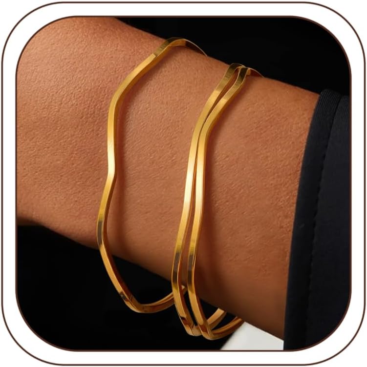 18K Gold Plated Bangles for Women Stainless Steel Glossy Stackable Thin Round Bracelets Solid Plain Polished Bangles