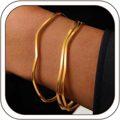 18K Gold Plated Bangles for Women Stainless Steel Glossy Stackable Thin Round Bracelets Solid Plain Polished Bangles