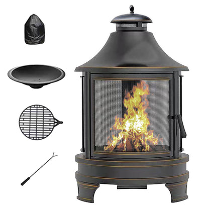 2 in 1 Fire Pit for Outdoor, Wood Burning Fire Pit & Metal Chiminea Fireplaces with Spark Screen Doors & Grill Grate