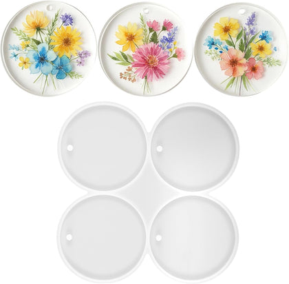 4 Cavity Round Resin Coaster Molds, 3 Inch Epoxy Resin Molds Silicone, Cavity Circle Silicone Mold with Hole for