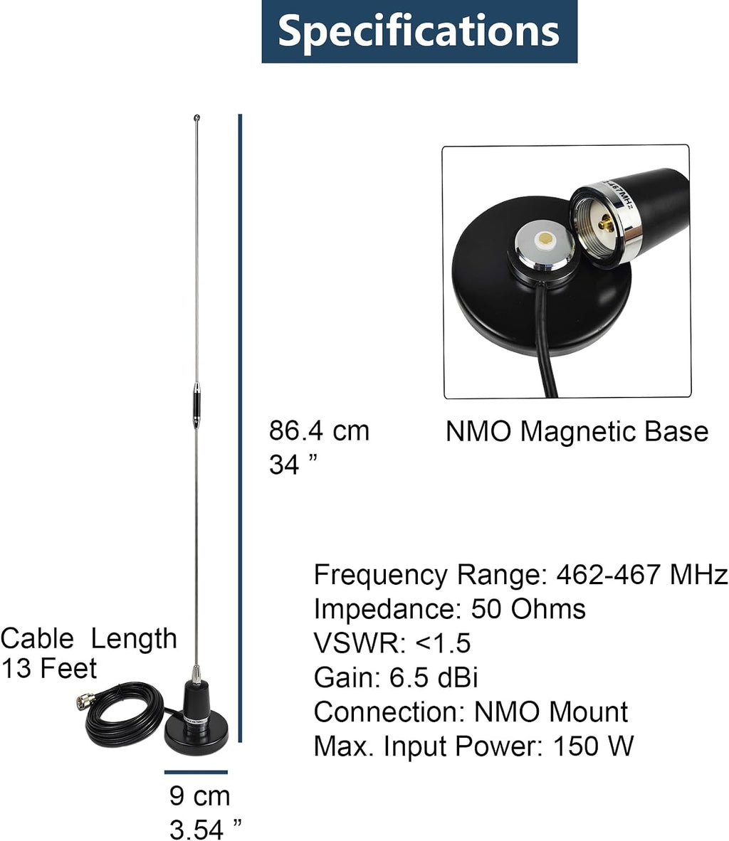 GMRS NMO Antenna 462-467Mhz UHF Mobile Whip Antenna with Magnetic Base 13ft RG58 Cable PL-259 SMA Female Connector