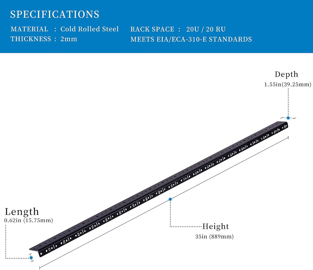 RackPath 20U Vertical Server Rack Rail Pair Kit, DIY Rack Build, 12-24 Screws x80