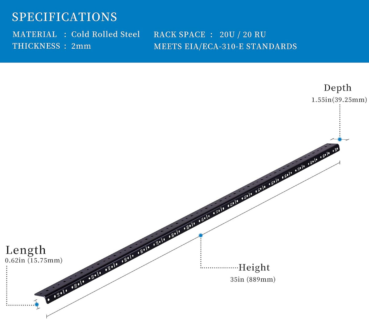 RackPath 20U Vertical Server Rack Rail Pair Kit, DIY Rack Build, 12-24 Screws x80