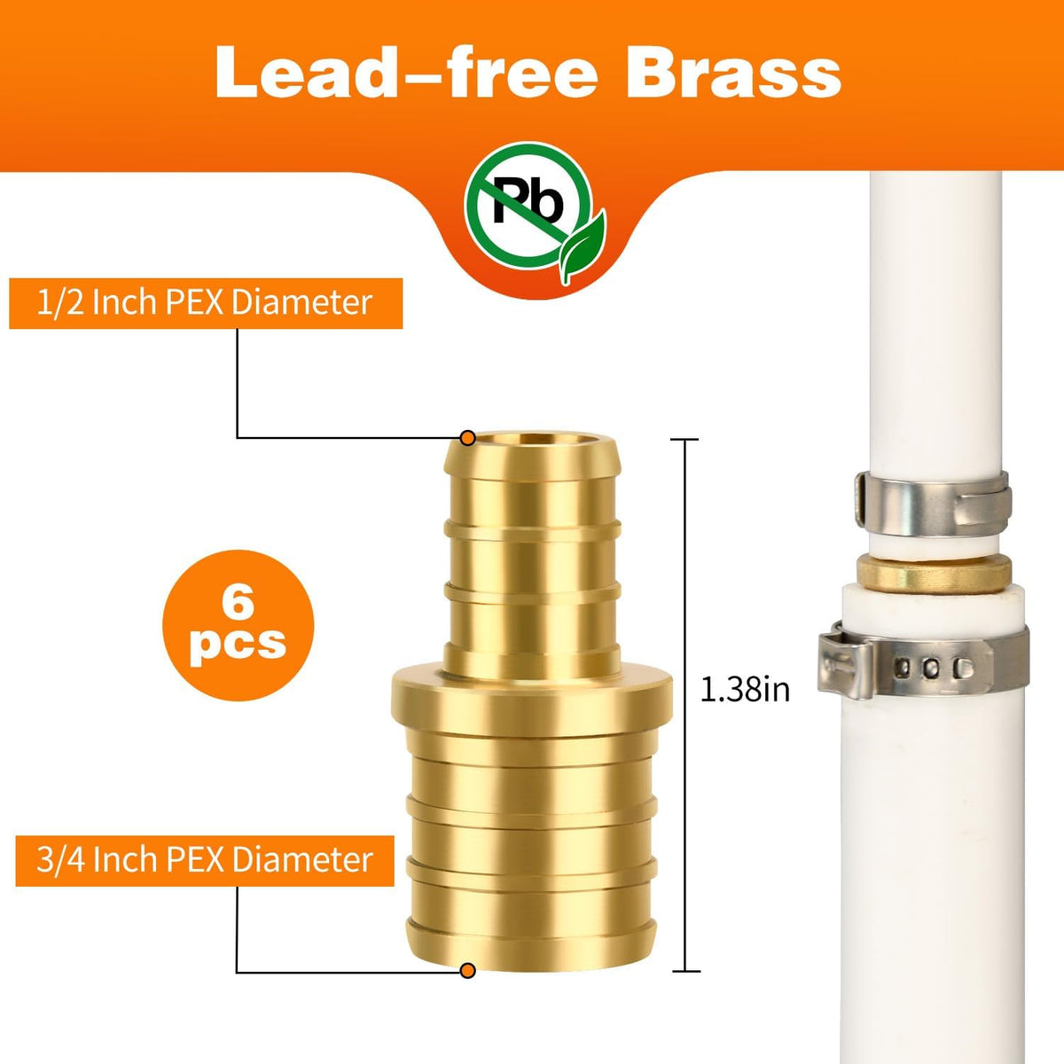 6 Pack 3/4" × 1/2" Brass PEX straight Coupling Fittings