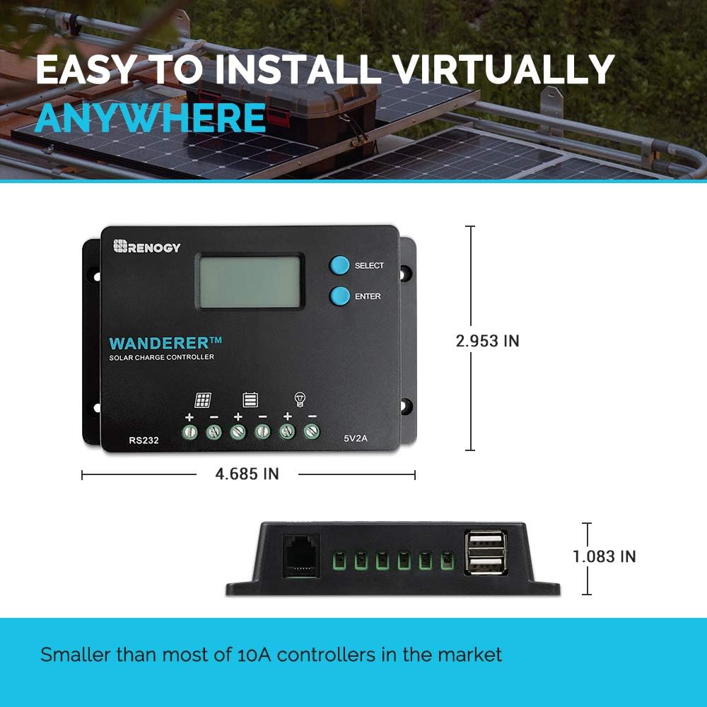 Wanderer 10A PWM Solar Charge Controller 12/24V for Solar Panels | 50V PV input, AGM/Gel/Flooded (auto), Li (manual)