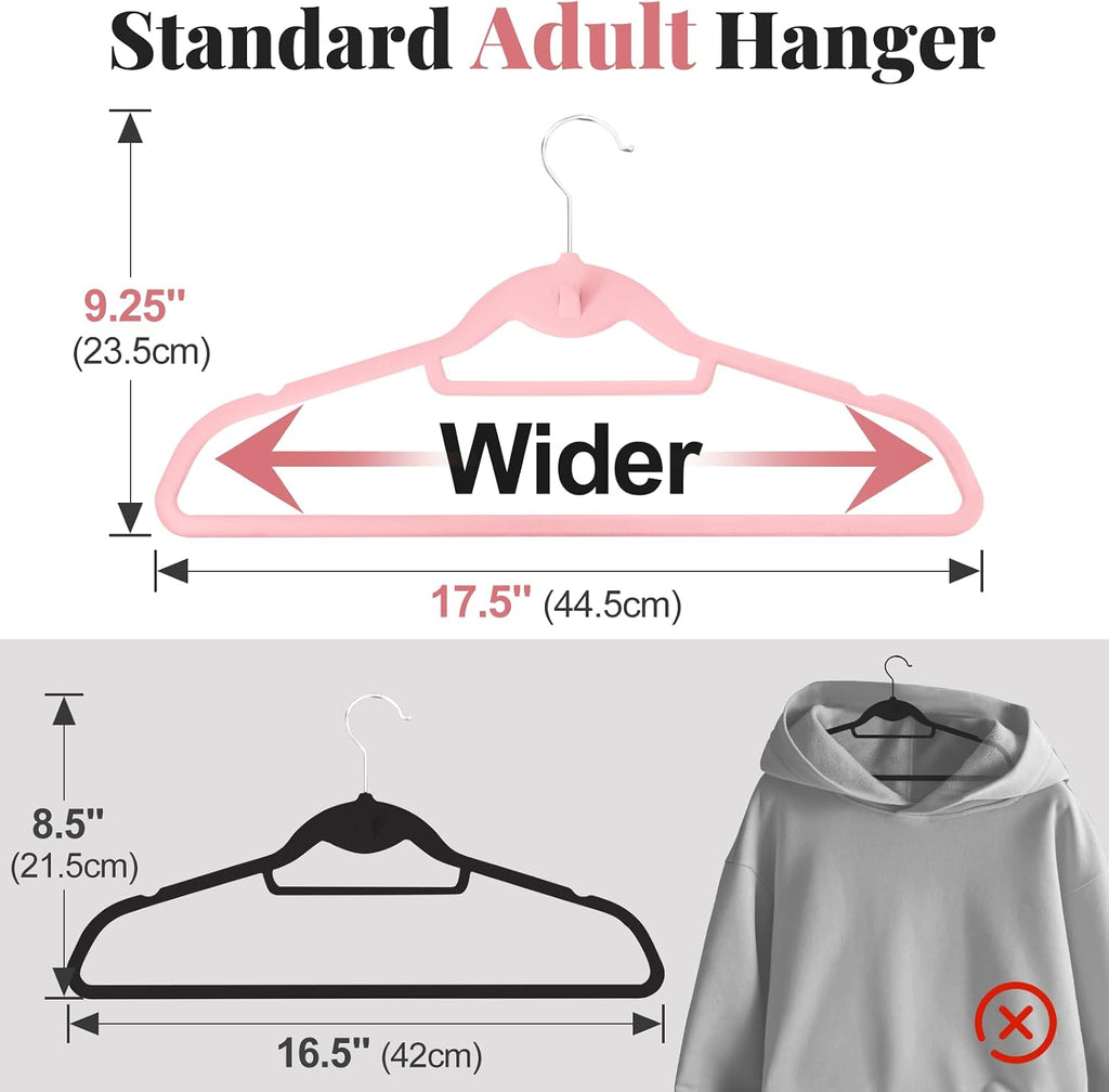 Velvet Felt Stackable Hangers 50 Pack, Thin & Space Saving, Pink | Non Slip, 15Lbs Capacity Heavy Duty With 360°