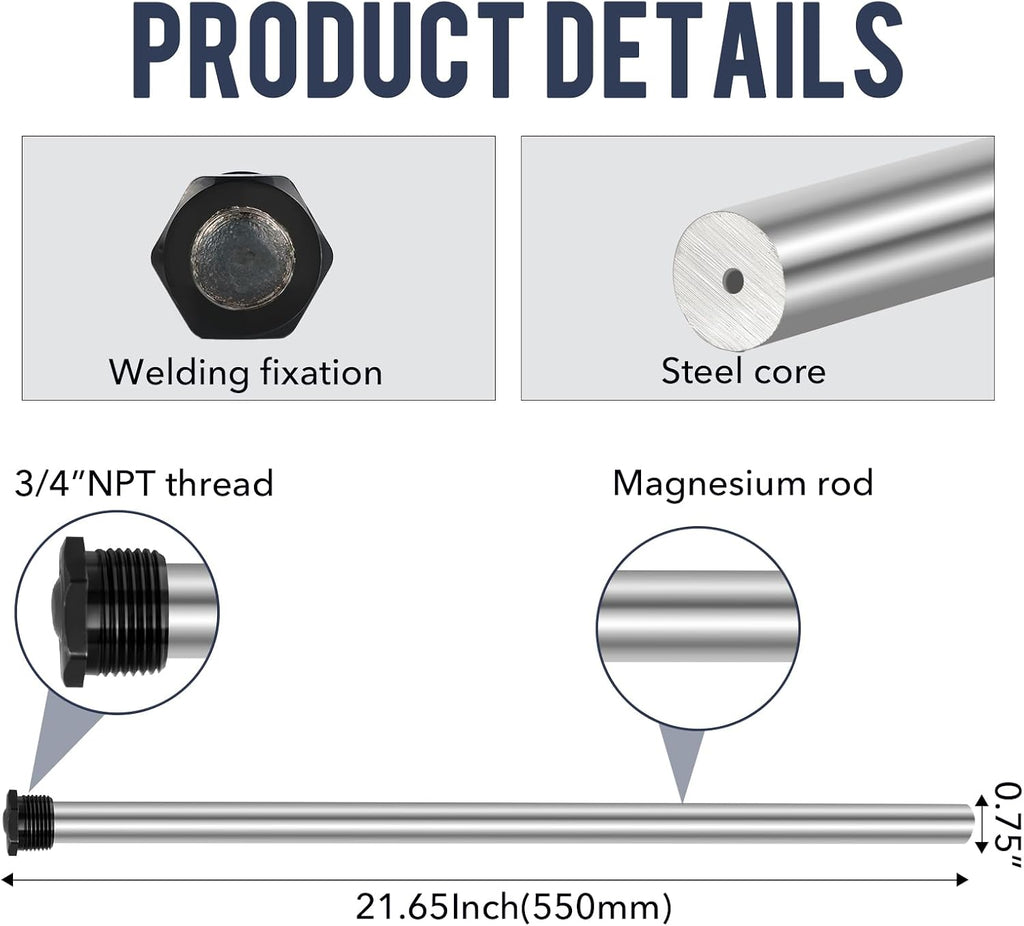 Anode Rod for hot Water Heater(2 Pack) Water Heater Anode Rod.21.65 Inch Long, Compatible with Rheem, A. O. Smith, Giant, Protect The Water Tanks from Corrosion – 3/4NPT Thread