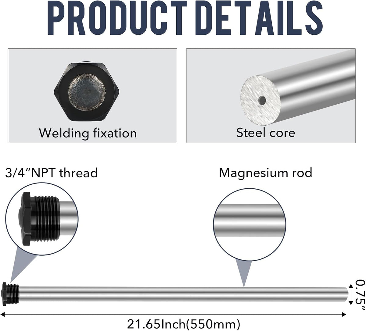 Anode Rod for hot Water Heater(2 Pack) Water Heater Anode Rod.21.65 Inch Long, Compatible with Rheem, A. O. Smith, Giant, Protect The Water Tanks from Corrosion – 3/4NPT Thread