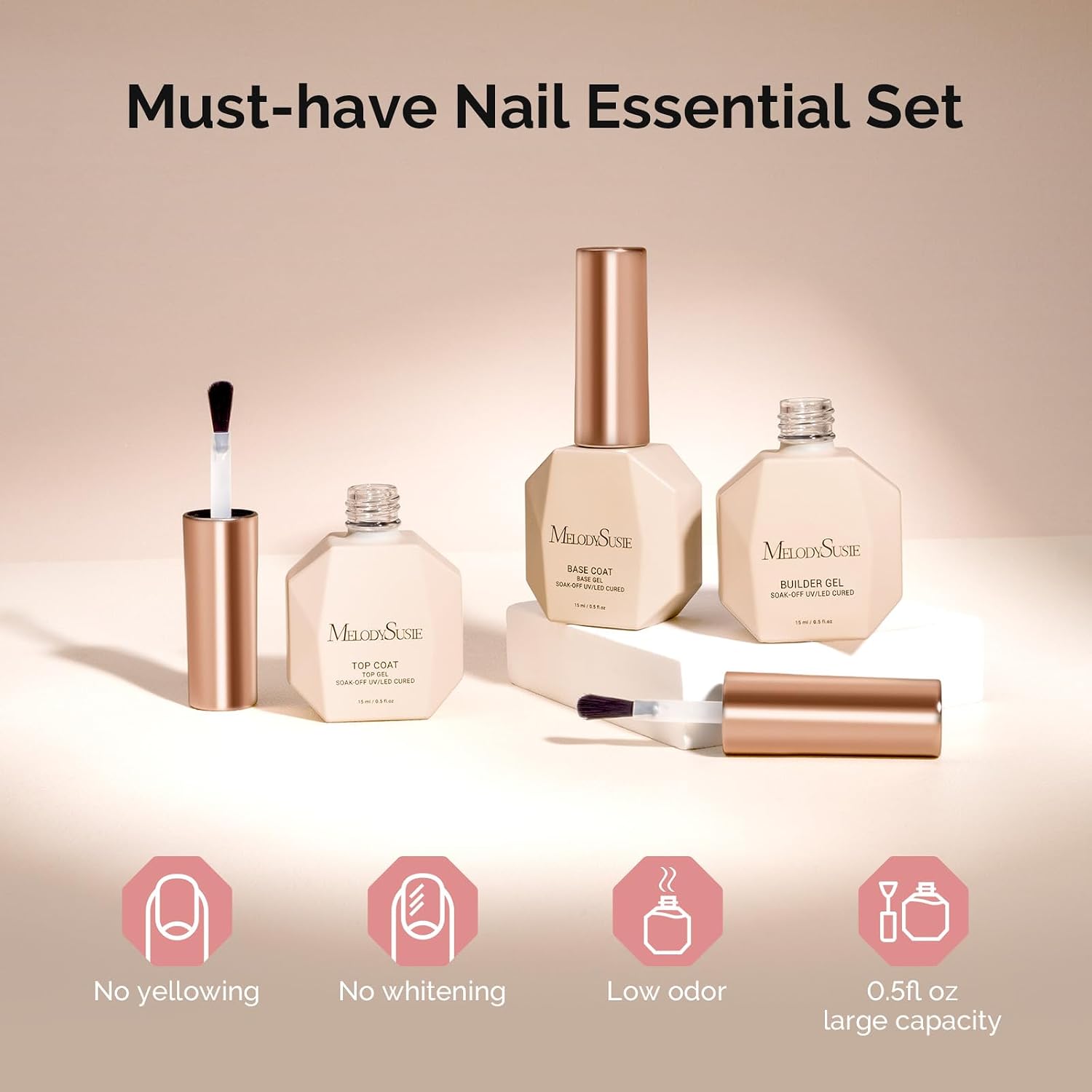 Top Coat Builder Gel Base Coat No Wipe Glossy Set 3 Pcs 15ml | Long Lasting Shine Finish Soak Off UV LED Nail Lamp
