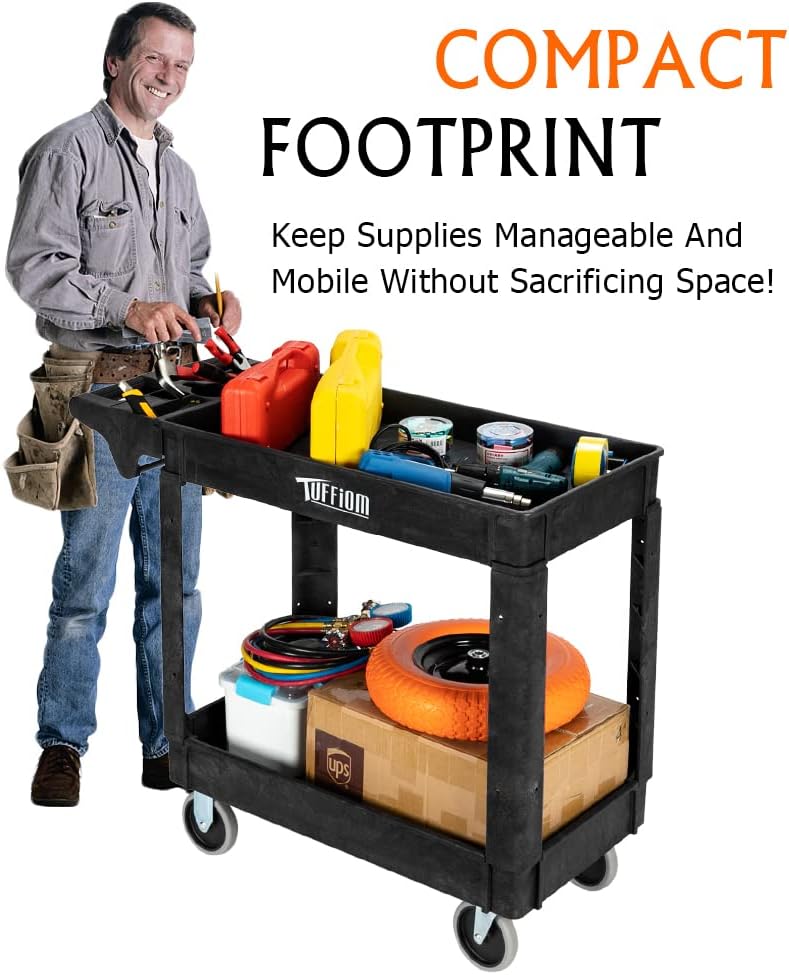Plastic Service Utility Cart with Wheels, 550lbs Capacity Heavy Duty Tub Storage Cart W/Deep Shelves, Multipurpose