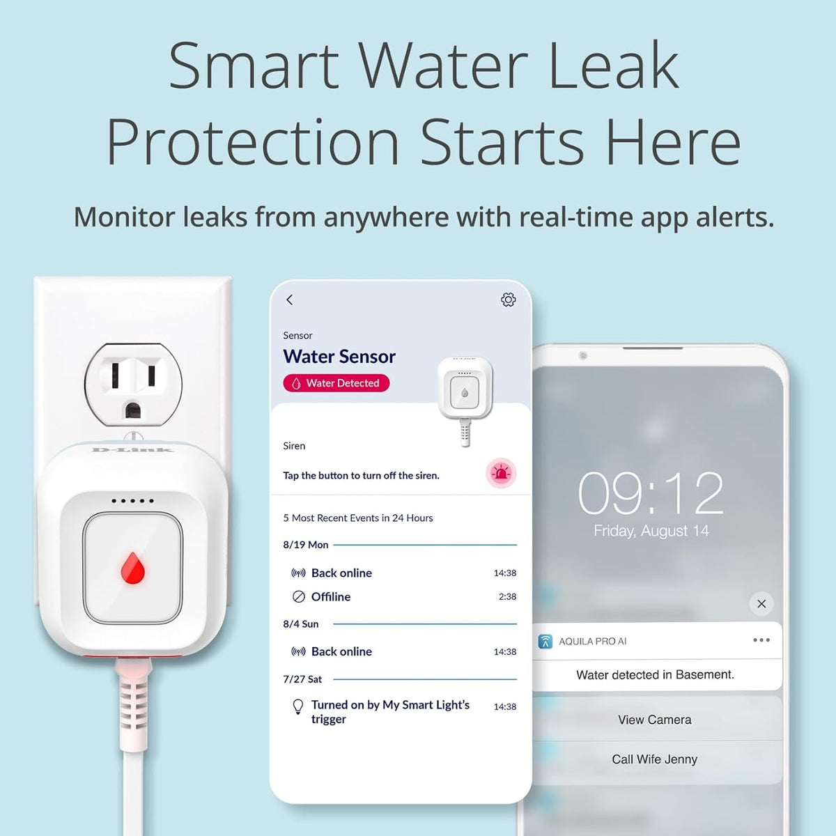 Next-Gen WiFi Water Leak Detector Starter Kit with 2 sensors—Loud 100 dB Sound Alarm—App Alert—LED Strobe Light—No