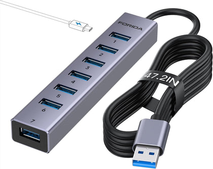 Aluminum Alloy 8 Port USB Hub Long Cable USB Splitter with 7-USB3.0 Data Ports and TypeC 5V/3A Power Port Compatible