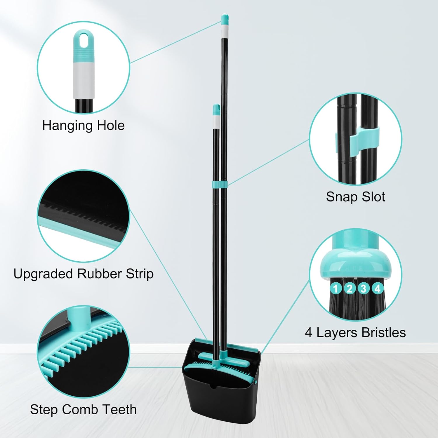 Upgrade Broom and Dustpan Combo Set, Extendable 52" Long Handle Broom for Easy Sweeping, Self-Cleaning Dust pan Teeth