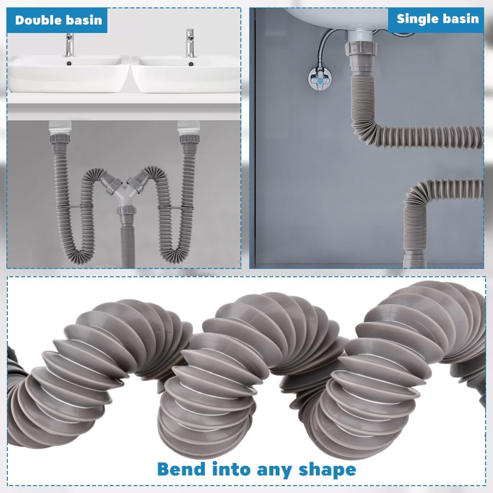 Double Sink Drain Kit, Flexible Sink Drain Pipe 1-1/2 inch Trap Fits Sin-k Bowl Dra-in Expandable All-In-One-Drain